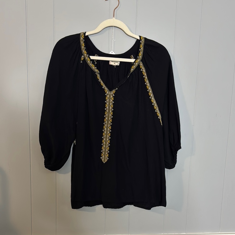 Cost Plus World Market Black and Gold Embellished 3/4 Sleeve Blouse